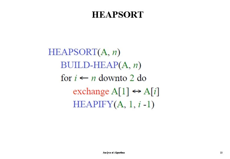 HEAPSORT Analysis of Algorithms 22 
