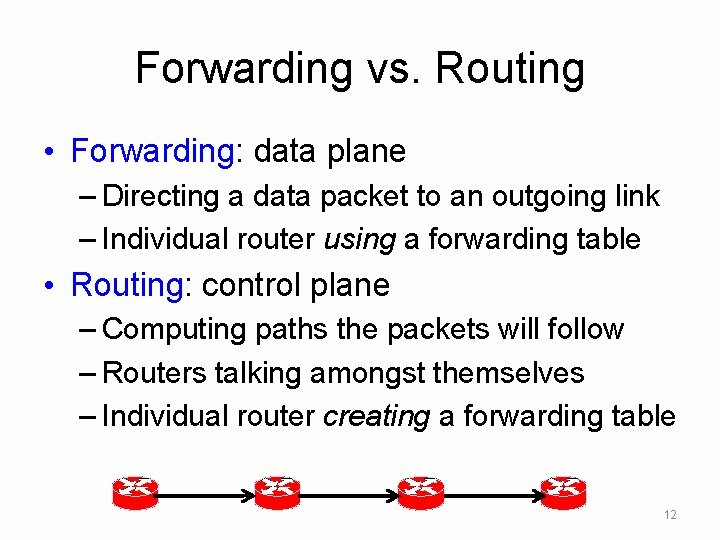 Forwarding vs. Routing • Forwarding: data plane – Directing a data packet to an