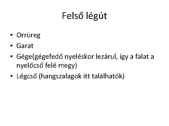 Felső légút • Orrüreg • Garat • Gége(gégefedő nyeléskor lezárul, így a falat a