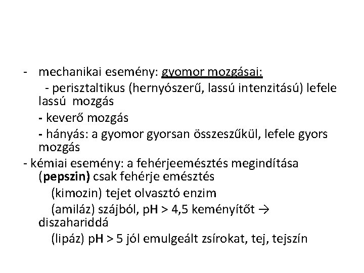 - mechanikai esemény: gyomor mozgásai: - perisztaltikus (hernyószerű, lassú intenzitású) lefele lassú mozgás -