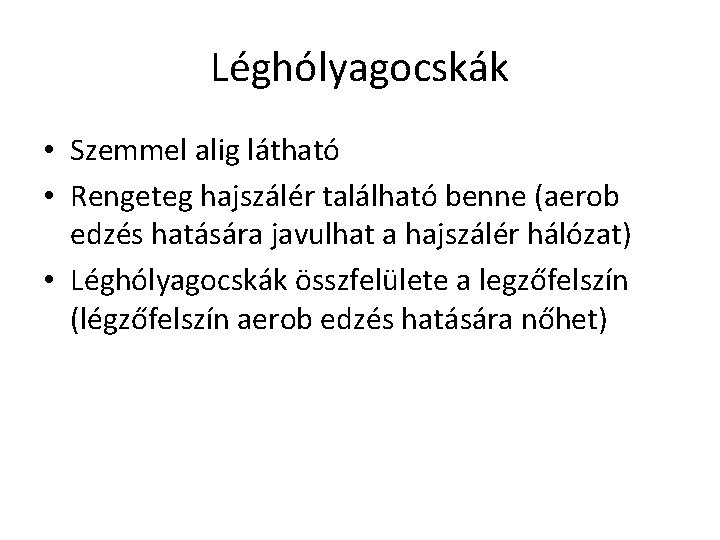 Léghólyagocskák • Szemmel alig látható • Rengeteg hajszálér található benne (aerob edzés hatására javulhat