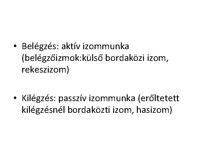  • Belégzés: aktív izommunka (belégzőizmok: külső bordaközi izom, rekeszizom) • Kilégzés: passzív izommunka
