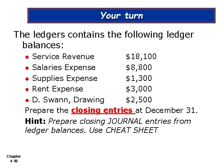 Your turn The ledgers contains the following ledger balances: Service Revenue $18, 100 l