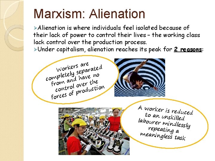 Marxism: Alienation ØAlienation is where individuals feel isolated because of their lack of power