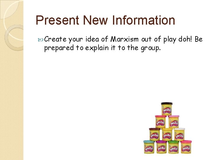Present New Information Create your idea of Marxism out of play doh! Be prepared