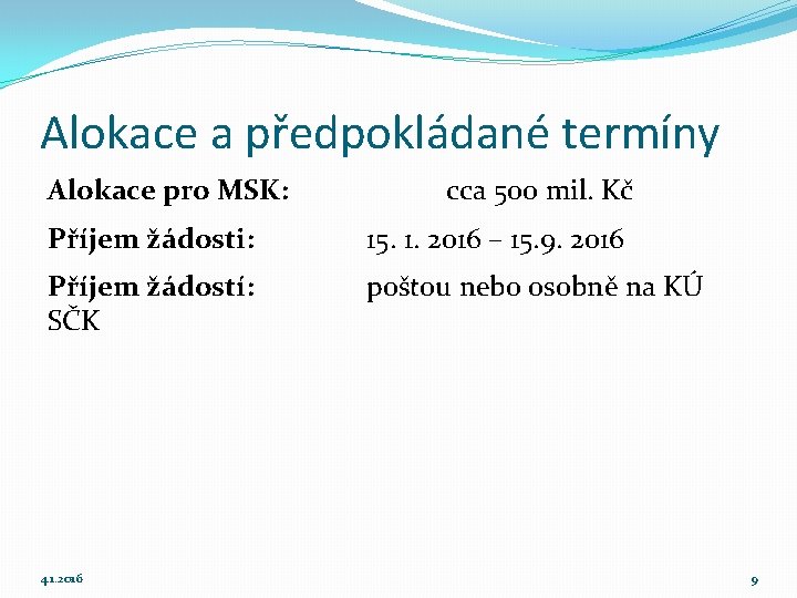 Alokace a předpokládané termíny Alokace pro MSK: cca 500 mil. Kč Příjem žádosti: 15.