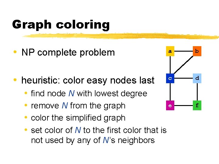 Graph coloring • NP complete problem a b • heuristic: color easy nodes last