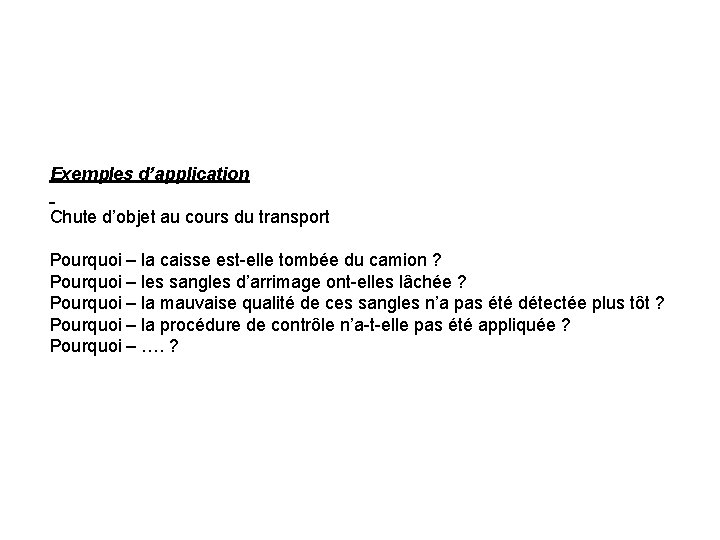 Exemples d’application Chute d’objet au cours du transport Pourquoi – la caisse est-elle tombée Exemples d’application Chute d’objet au cours du transport Pourquoi – la caisse est-elle tombée
