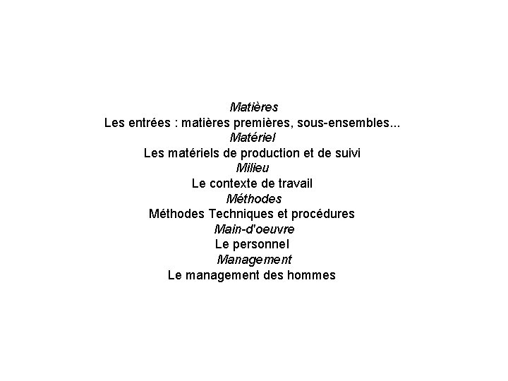 Matières Les entrées : matières premières, sous-ensembles. . . Matériel Les matériels de production Matières Les entrées : matières premières, sous-ensembles. . . Matériel Les matériels de production
