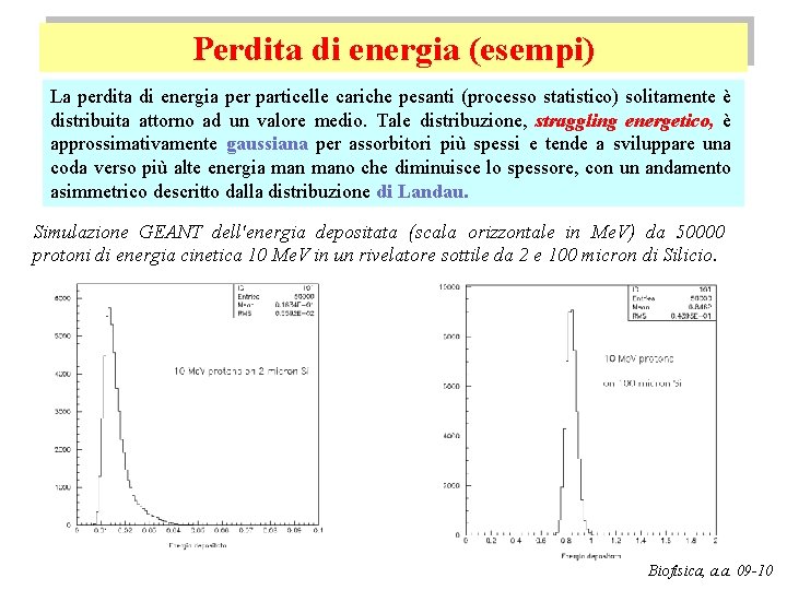Perdita di energia (esempi) La perdita di energia per particelle cariche pesanti (processo statistico)