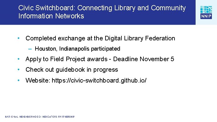 Civic Switchboard: Connecting Library and Community Information Networks • Completed exchange at the Digital