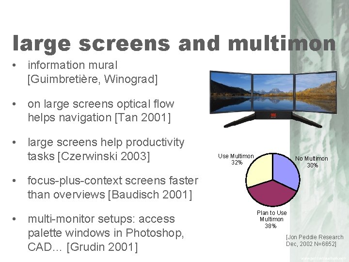large screens and multimon • information mural [Guimbretière, Winograd] • on large screens optical