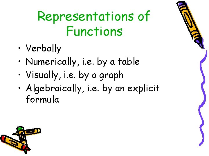 Representations of Functions • • Verbally Numerically, i. e. by a table Visually, i.