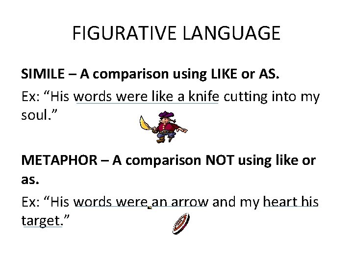 FIGURATIVE LANGUAGE SIMILE – A comparison using LIKE or AS. Ex: “His words were