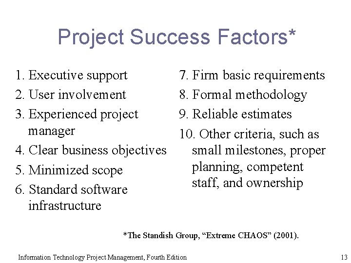Project Success Factors* 1. Executive support 2. User involvement 3. Experienced project manager 4.