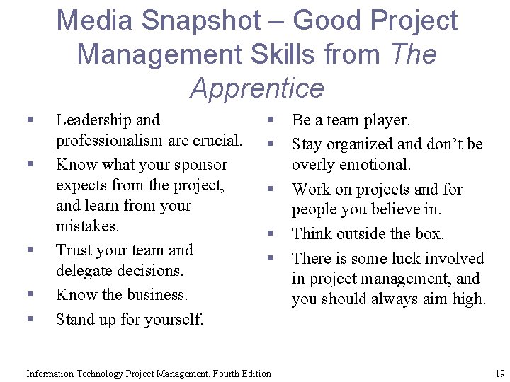 Media Snapshot – Good Project Management Skills from The Apprentice § § § Leadership