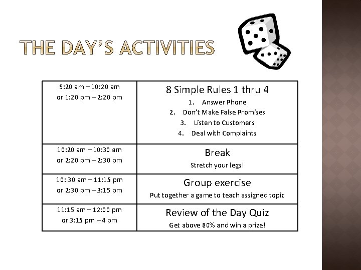 9: 20 am – 10: 20 am or 1: 20 pm – 2: 20