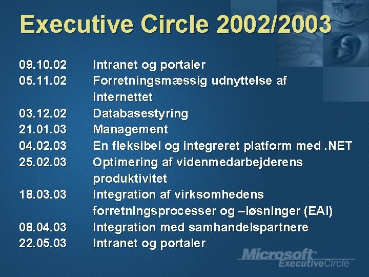 Executive Circle 2002/2003 09. 10. 02 05. 11. 02 03. 12. 02 21. 03