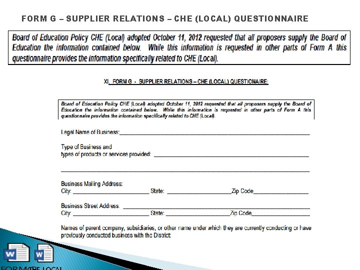 FORM G – SUPPLIER RELATIONS – CHE (LOCAL) QUESTIONNAIRE 