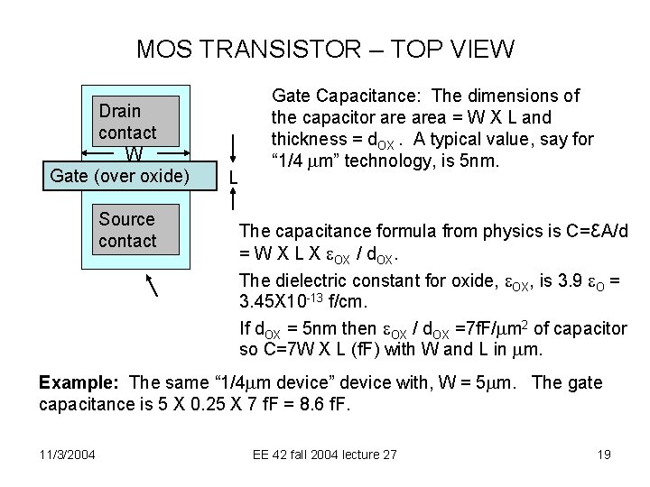 MOS TRANSISTOR – TOP VIEW Drain contact W Gate (over oxide) Source contact L