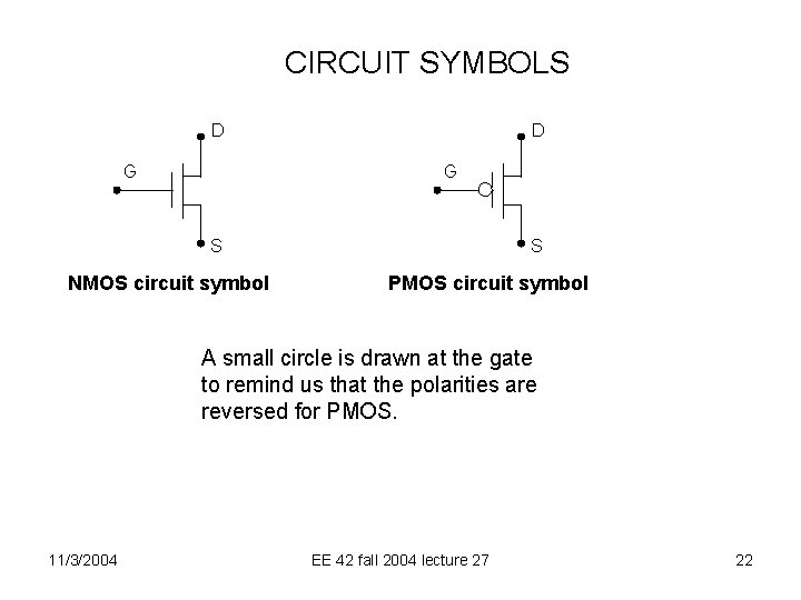 CIRCUIT SYMBOLS D G S NMOS circuit symbol S PMOS circuit symbol A small