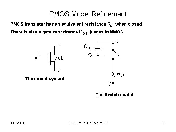 PMOS Model Refinement PMOS transistor has an equivalent resistance RDP when closed There is