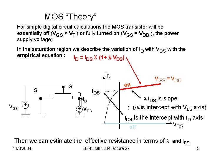MOS “Theory” For simple digital circuit calculations the MOS transistor will be essentially off