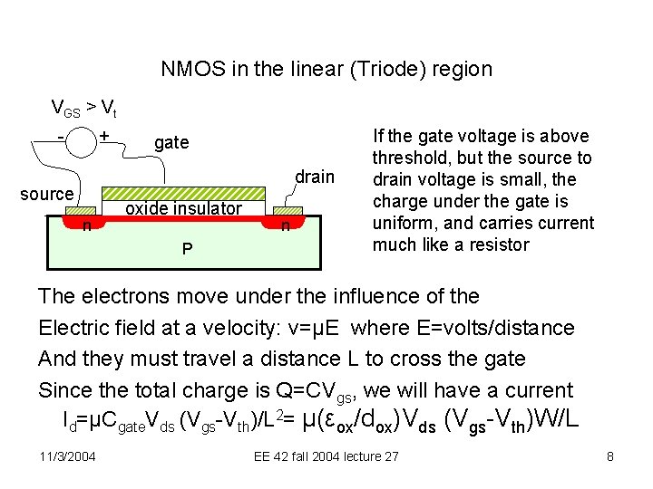 NMOS in the linear (Triode) region VGS > Vt - + gate drain source