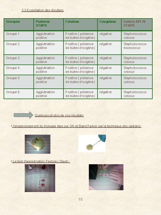  3. 3 Exploitation des résultats Groupes Pastorex STAPH Catalase Coagulase Galerie API 20