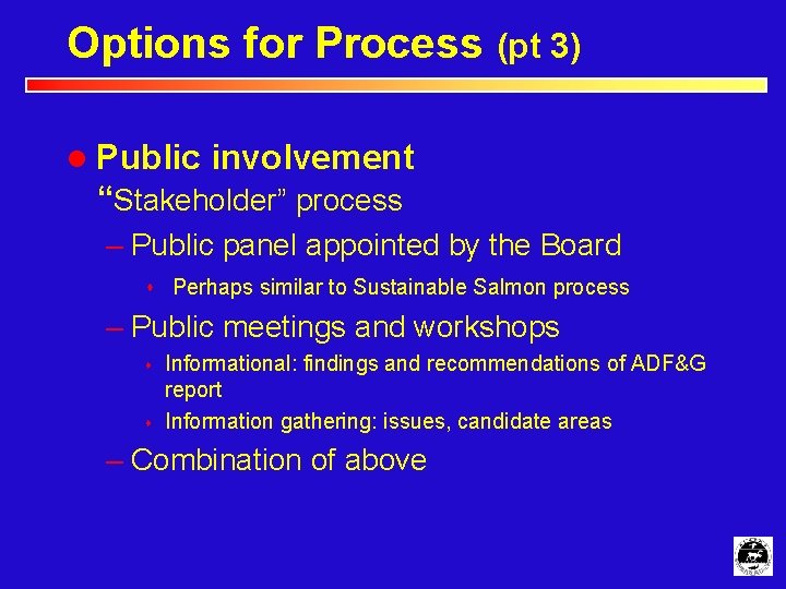 Options for Process (pt 3) l Public involvement “Stakeholder” process – Public panel appointed