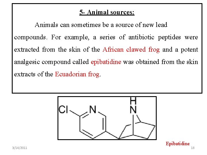5 - Animal sources: Animals can sometimes be a source of new lead compounds.