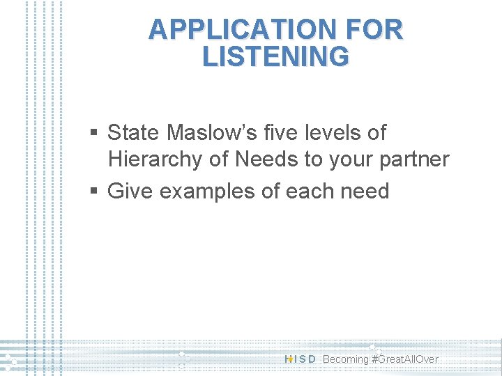 APPLICATION FOR LISTENING § State Maslow’s five levels of Hierarchy of Needs to your APPLICATION FOR LISTENING § State Maslow’s five levels of Hierarchy of Needs to your