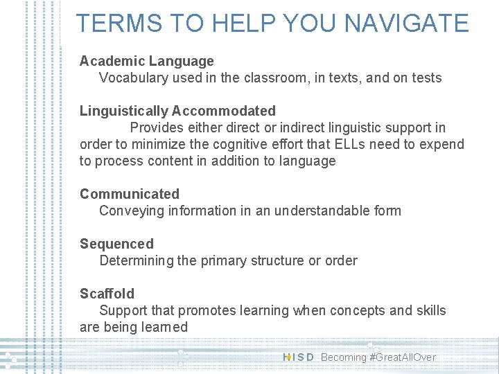TERMS TO HELP YOU NAVIGATE Academic Language Vocabulary used in the classroom, in texts, TERMS TO HELP YOU NAVIGATE Academic Language Vocabulary used in the classroom, in texts,