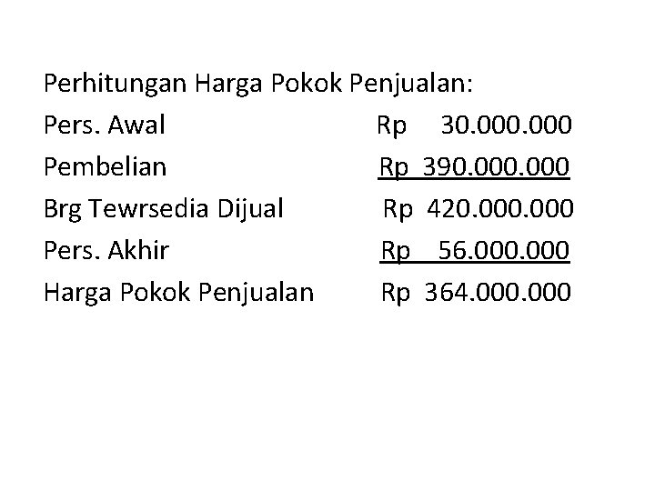 Perhitungan Harga Pokok Penjualan: Pers. Awal Rp 30. 000 Pembelian Rp 390. 000 Brg