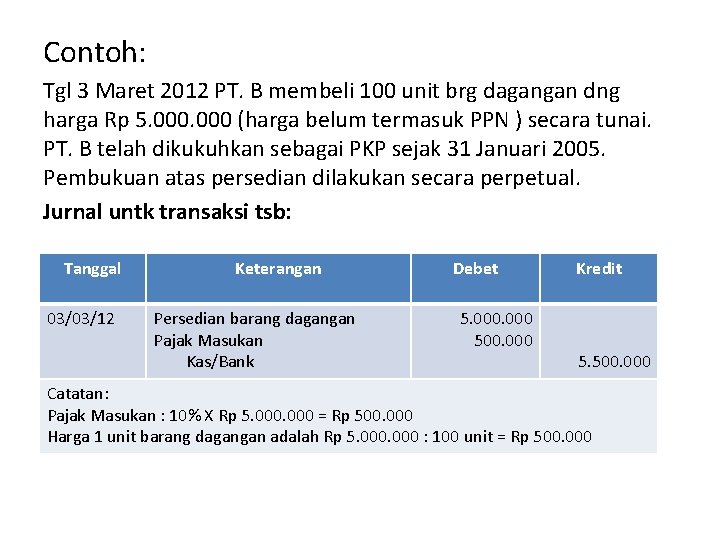 Contoh: Tgl 3 Maret 2012 PT. B membeli 100 unit brg dagangan dng harga