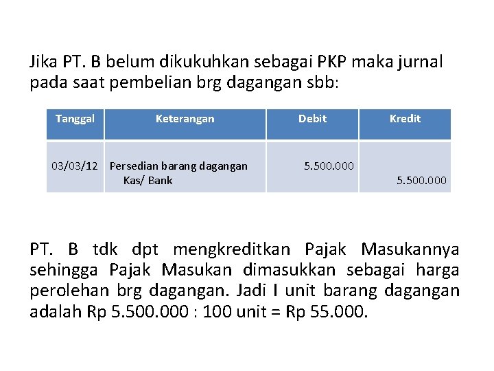 Jika PT. B belum dikukuhkan sebagai PKP maka jurnal pada saat pembelian brg dagangan
