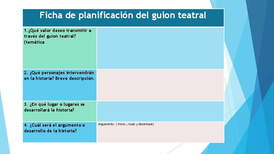 Ficha de planificación del guion teatral 1. ¿Qué valor deseo transmitir a través del