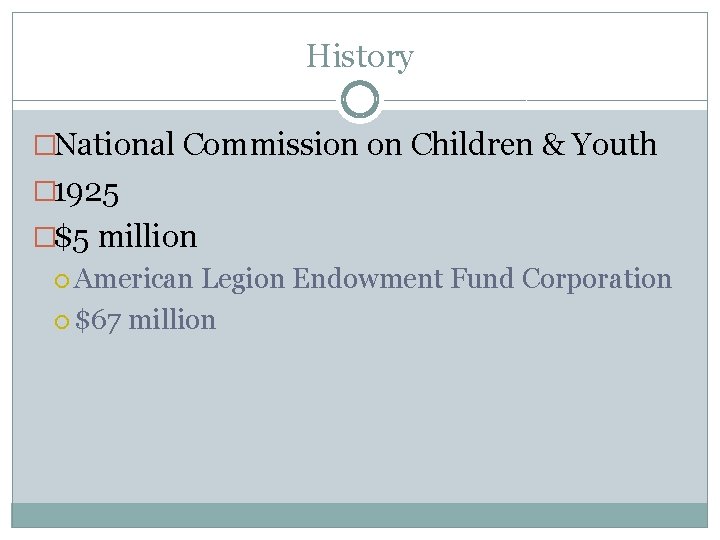 History �National Commission on Children & Youth � 1925 �$5 million American Legion Endowment