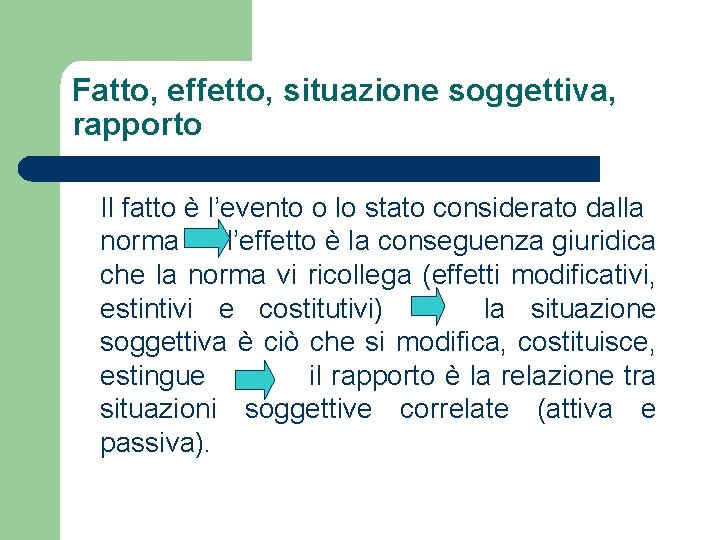 Fatto, effetto, situazione soggettiva, rapporto Il fatto è l’evento o lo stato considerato dalla Fatto, effetto, situazione soggettiva, rapporto Il fatto è l’evento o lo stato considerato dalla