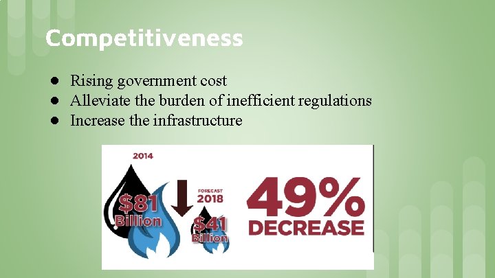 Competitiveness ● Rising government cost ● Alleviate the burden of inefficient regulations ● Increase