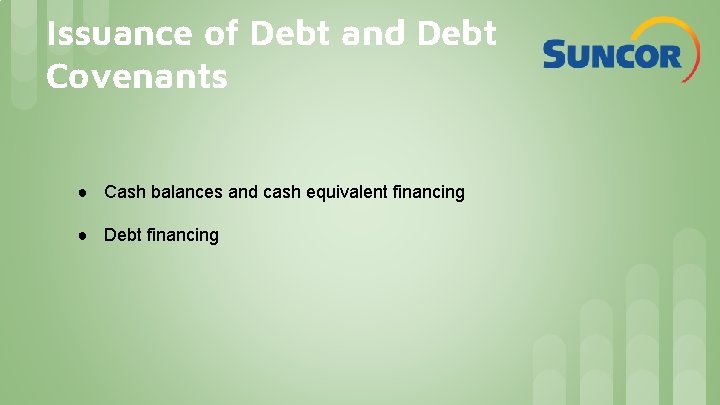 Issuance of Debt and Debt Covenants ● Cash balances and cash equivalent financing ●
