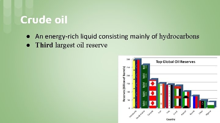 Crude oil ● An energy-rich liquid consisting mainly of hydrocarbons ● Third largest oil