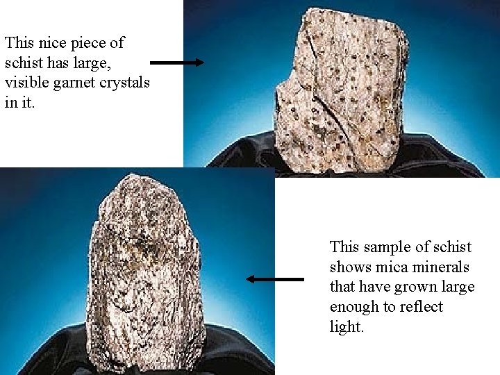 This nice piece of schist has large, visible garnet crystals in it. This sample