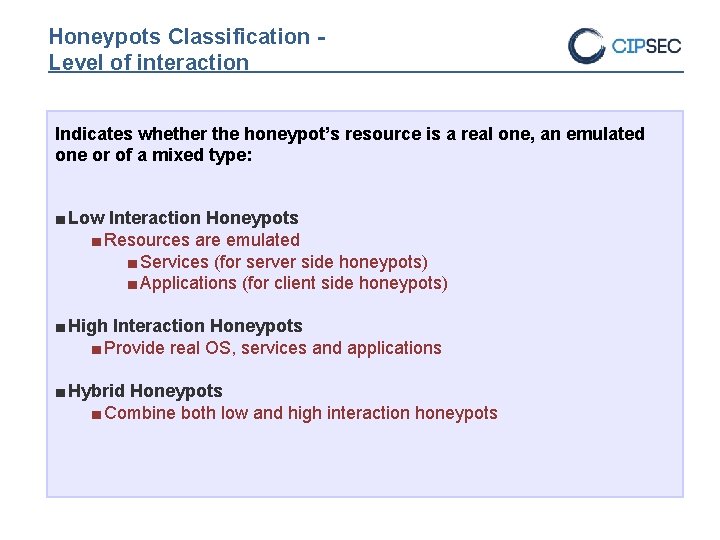 Honeypots Classification Level of interaction Indicates whether the honeypot’s resource is a real one,