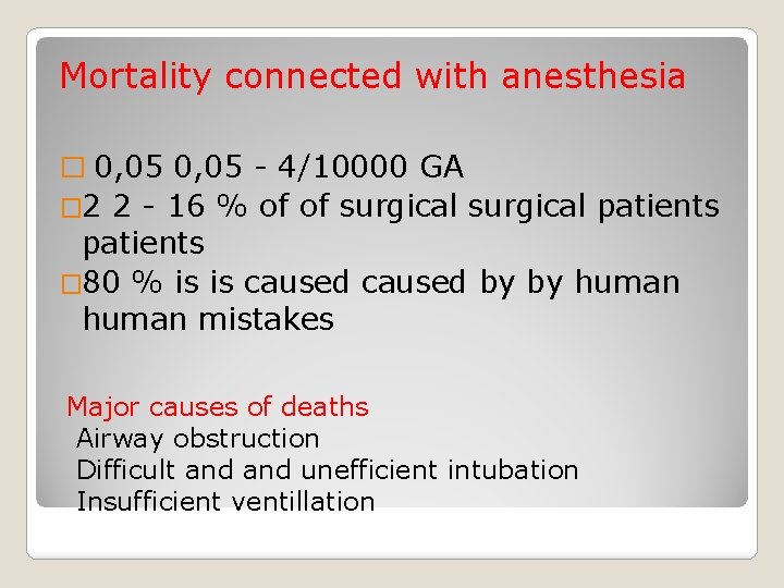 Mortality connected with anesthesia � 0, 05 - 4/10000 GA � 2 2 -