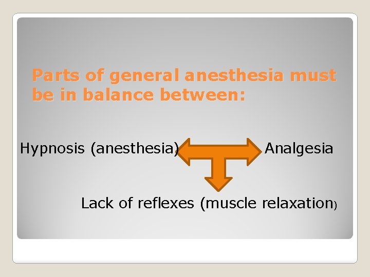 Parts of general anesthesia must be in balance between: Hypnosis (anesthesia) Analgesia Lack of