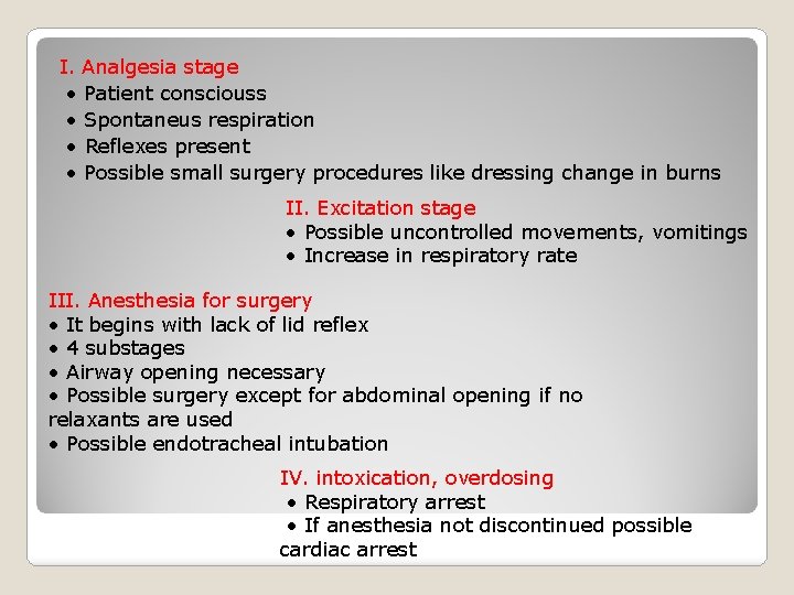 I. Analgesia stage • Patient consciouss • Spontaneus respiration • Reflexes present • Possible