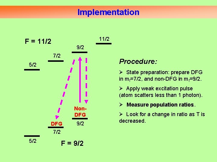 Implementation 11/2 F = 11/2 9/2 7/2 Procedure: 5/2 Ø State preparation: prepare DFG