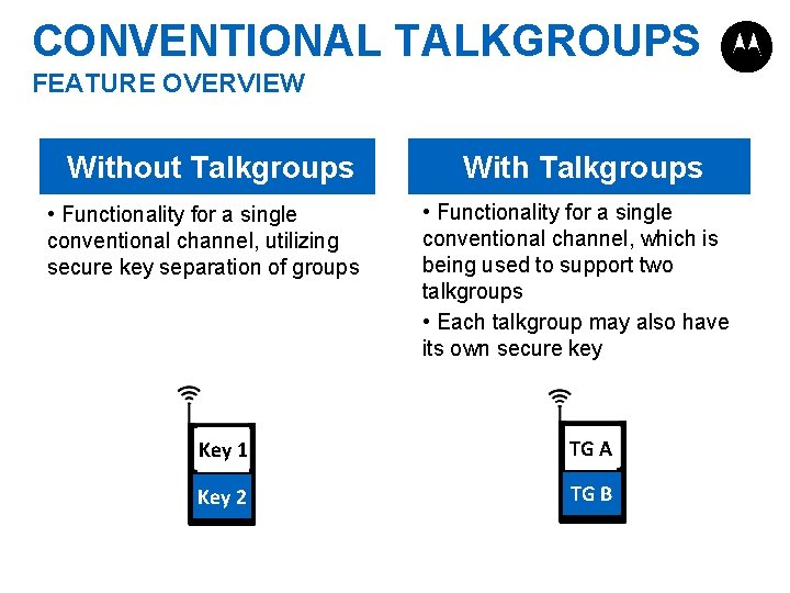CONVENTIONAL TALKGROUPS FEATURE OVERVIEW Without Talkgroups • Functionality for a single conventional channel, utilizing