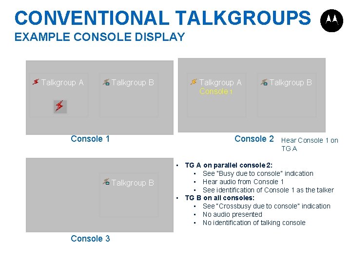 CONVENTIONAL TALKGROUPS EXAMPLE CONSOLE DISPLAY Talkgroup A Talkgroup B Console 1 Talkgroup B Console